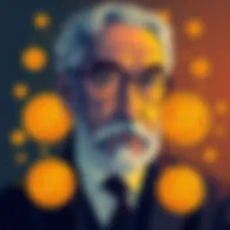 Illustration of Friedrich Hayek with Bitcoin symbols surrounding him, highlighting his predictions about money and cryptocurrency.