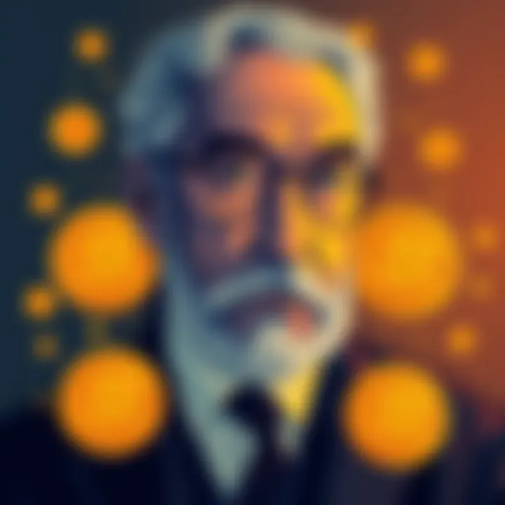 Illustration of Friedrich Hayek with Bitcoin symbols surrounding him, highlighting his predictions about money and cryptocurrency.