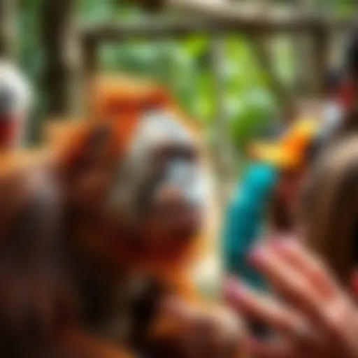 A cheerful orangutan interacting playfully with visitors at a wildlife sanctuary, spreading joy and warmth.