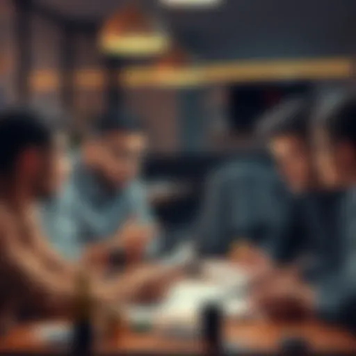 A group of friends gathered around a table, looking at charts and discussing cryptocurrency investments, with expressions of concern and curiosity