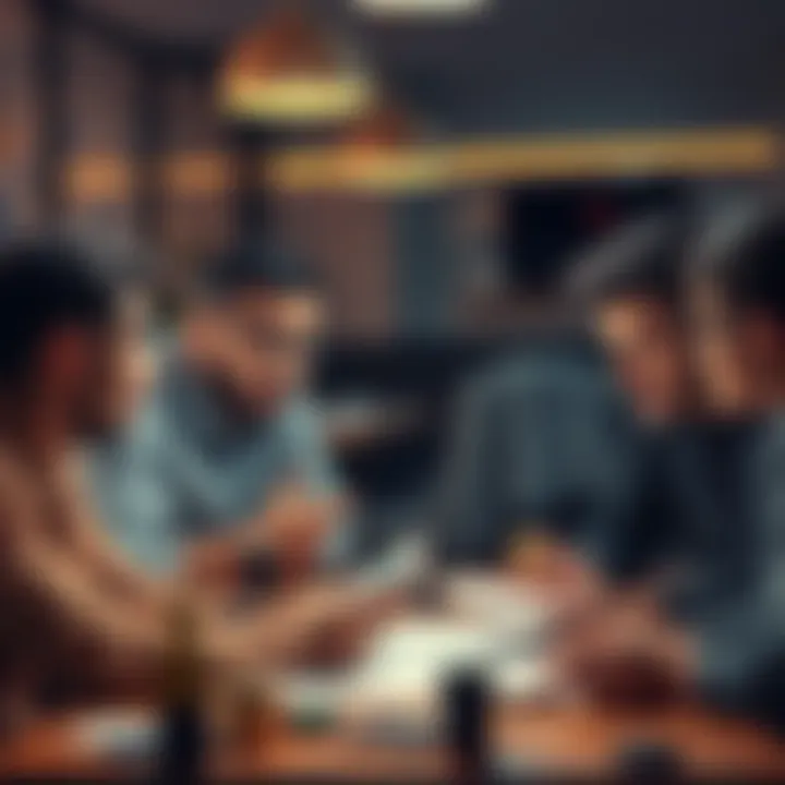 A group of friends gathered around a table, looking at charts and discussing cryptocurrency investments, with expressions of concern and curiosity
