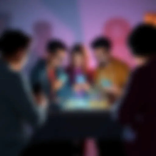 A group of six friends gathered around their phones, actively mining Pi cryptocurrency, while shadows of 72 friends show their backs turned, indicating they have stopped mining.