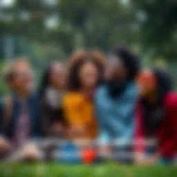 A diverse group of friends laughing heartily while enjoying each other’s company in a park setting