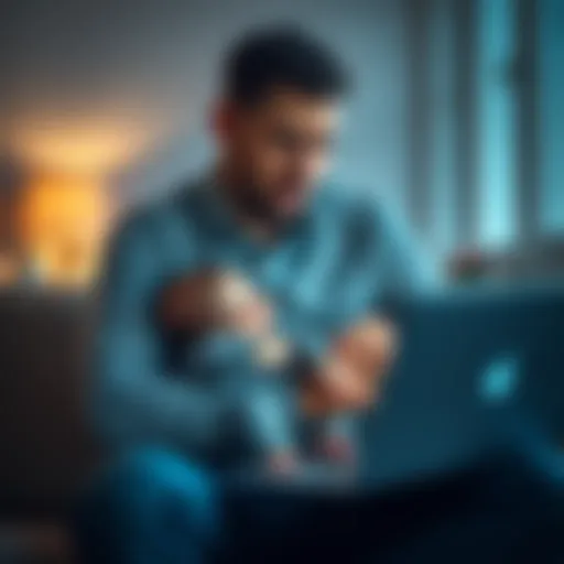 A worried father holding his baby while looking at a laptop showing a bank account with a frozen message, illustrating financial stress from a frozen Revolut account.