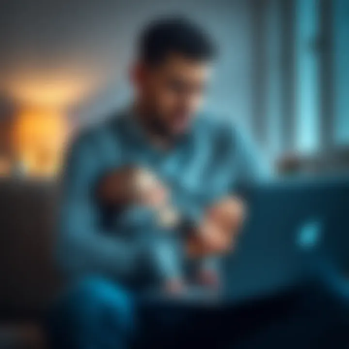 Frozen Bank Account A worried father holding his baby while looking at a laptop showing a bank account with a frozen message, illustrating financial stress from a frozen Revolut account.