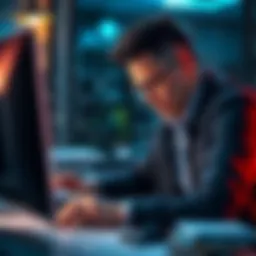A frustrated business owner looking at a computer screen showing a message of frozen funds from their bank account, representing financial distress.