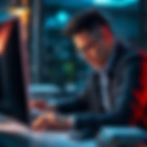A frustrated business owner looking at a computer screen showing a message of frozen funds from their bank account, representing financial distress.