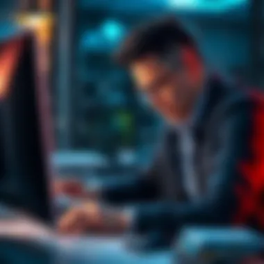 Frozen business funds A frustrated business owner looking at a computer screen showing a message of frozen funds from their bank account, representing financial distress.