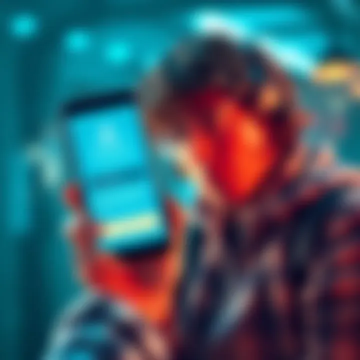 A visual representation of a smartphone displaying the Revolut banking app with a message indicating frozen funds, alongside a worried customer checking their account.