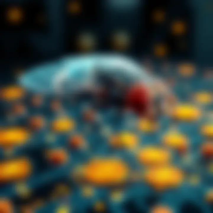 An illustration showing a digital representation of a fruit fly brain connected to Bitcoin mining symbols, highlighting efficiency improvements over traditional miners.
