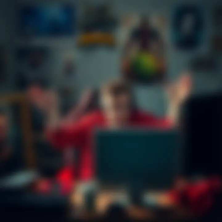 A gamer sits at a computer with a frustrated expression, hands raised in disbelief, surrounded by game posters and a cluttered desk.