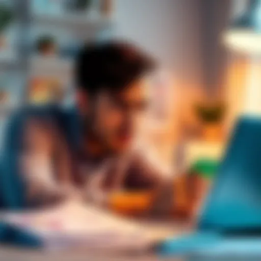 A person looking stressed while checking their credit card application status on a laptop, surrounded by financial documents.