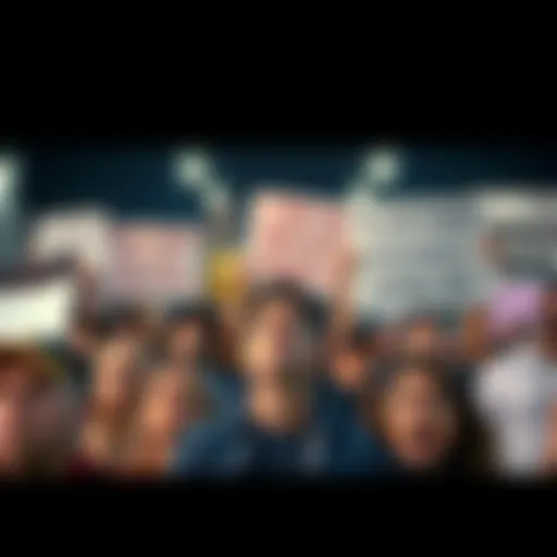 A crowd of people looking anxious and frustrated while holding signs demanding transparency from leaders over missed deadlines