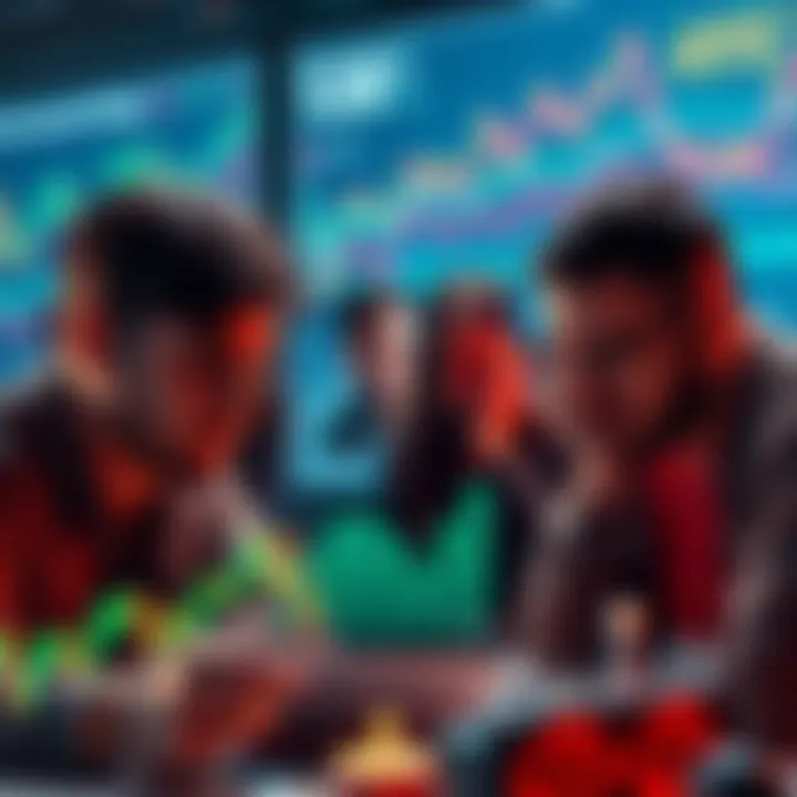 A group of people looking distressed while discussing cryptocurrency failures, surrounded by charts and graphs depicting losses.