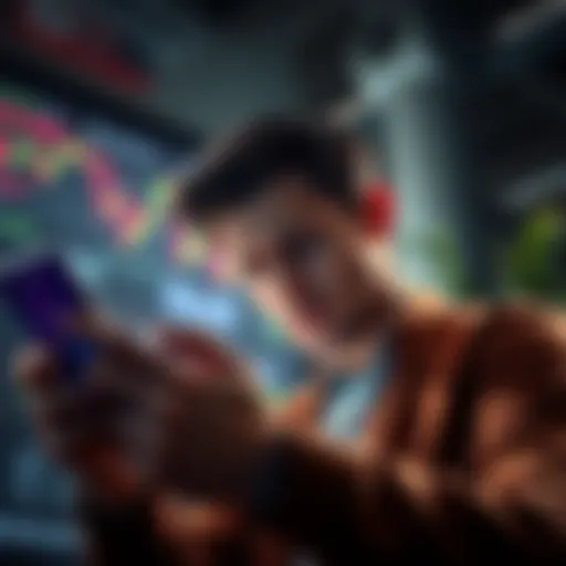A person looking stressed while checking cryptocurrency charts on a smartphone, showing signs of disappointment and frustration.
