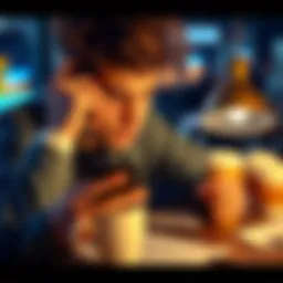 Frustrated customer looking at phone A frustrated person staring at their phone surrounded by empty coffee cups and papers, indicating a long wait for customer support