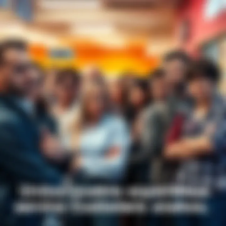 A group of frustrated customers standing in a long line at a local company, showing expressions of disbelief and impatience due to slow service.