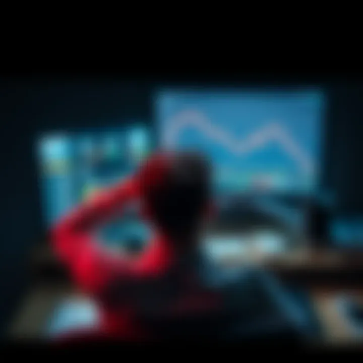 A person sits at a desk with their head in their hands, looking at a computer screen showing a downward trend in investment values.