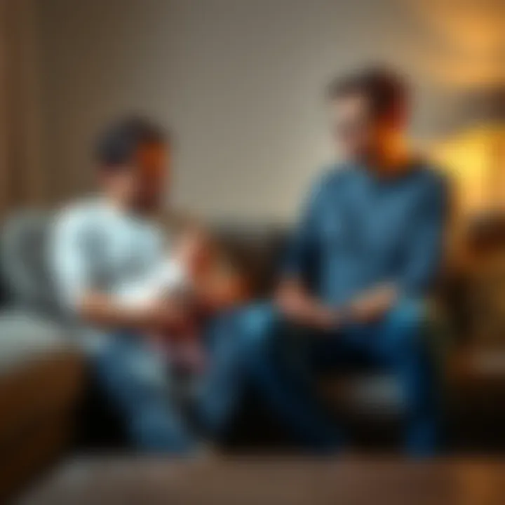 Frustrated Parent with Newborn A tired parent sits on a couch with a newborn, looking frustrated while their partner stands nearby with an overly optimistic expression, illustrating the challenges of the newborn phase.