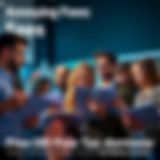 A group of frustrated individuals discussing the high fees of tax form downloads while holding tax documents