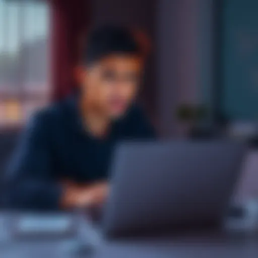 A person sitting at a table with a laptop, looking frustrated while scrolling through Bitcoin profit posts on social media, showing a mix of emotions including skepticism and annoyance.