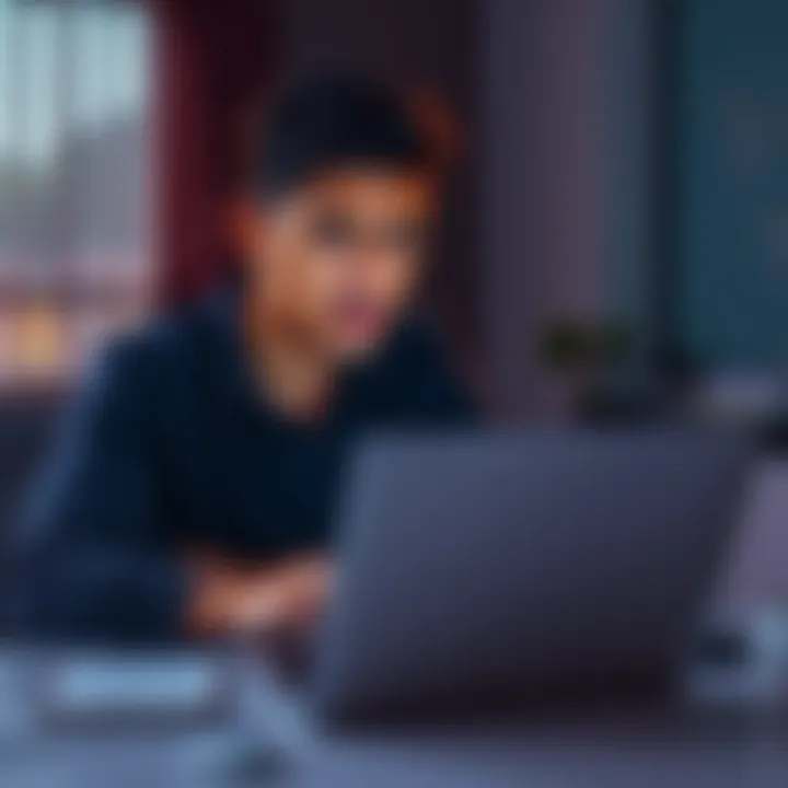 A person sitting at a table with a laptop, looking frustrated while scrolling through Bitcoin profit posts on social media, showing a mix of emotions including skepticism and annoyance.