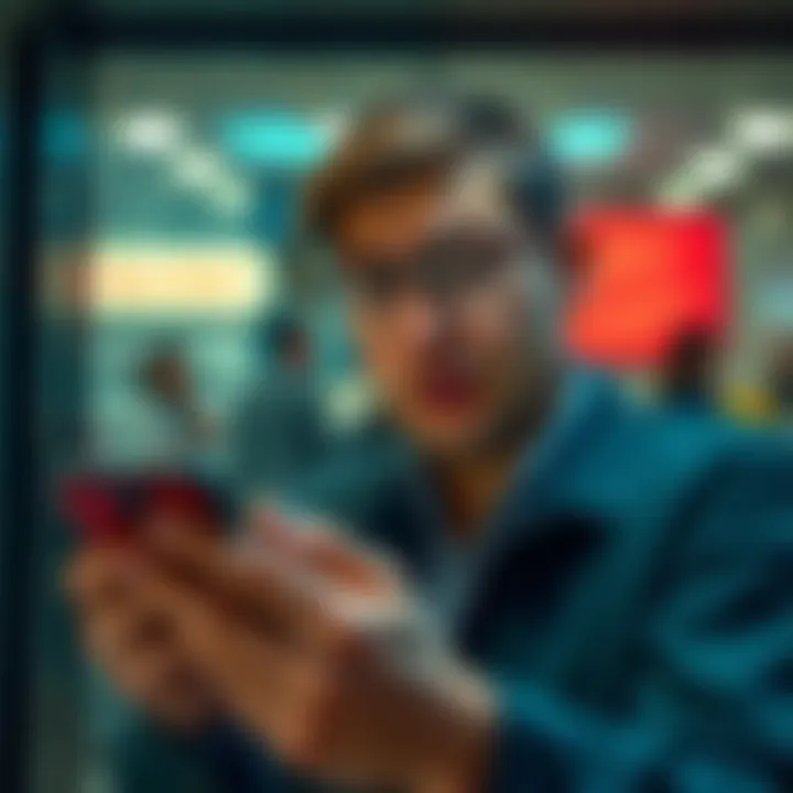 A person looks upset while checking their bank account on a smartphone, showing a blocked status on an app