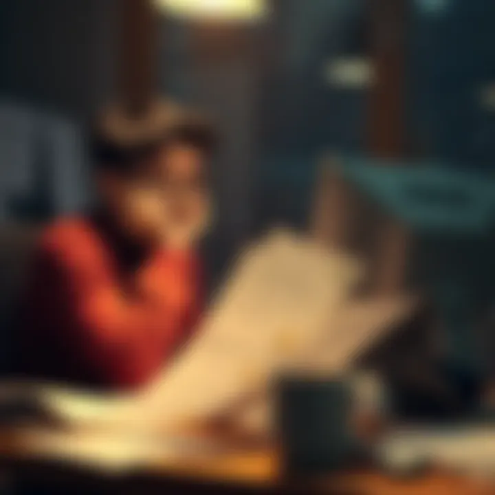 A frustrated person sitting at a computer, looking puzzled while trying to open a Revolut account, with paperwork scattered around.