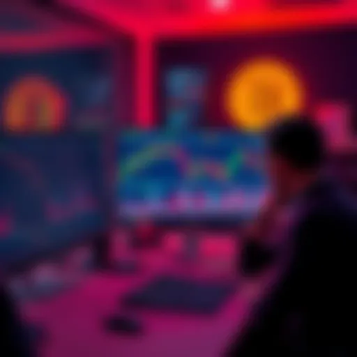 A person sitting at a desk, looking frustrated while viewing cryptocurrency market charts on their computer screen