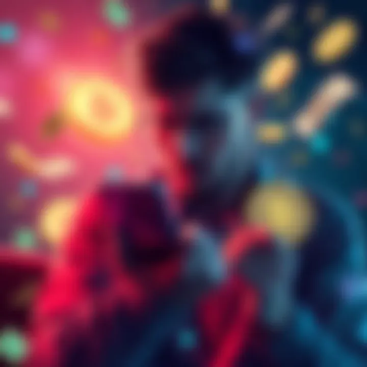 Frustrated person checking their phone A person looks frustrated while checking their phone for a delayed cryptocurrency deposit, surrounded by symbols of money and technology.