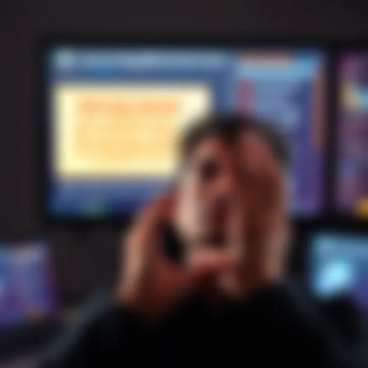 A person showing frustration while looking at a computer screen displaying survey messages about disqualifications