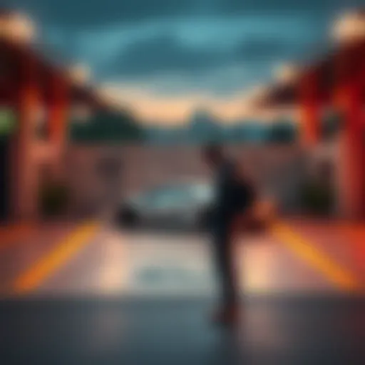 A frustrated person looking at a smartphone, standing beside an empty parking spot where a Lamborghini was promised.