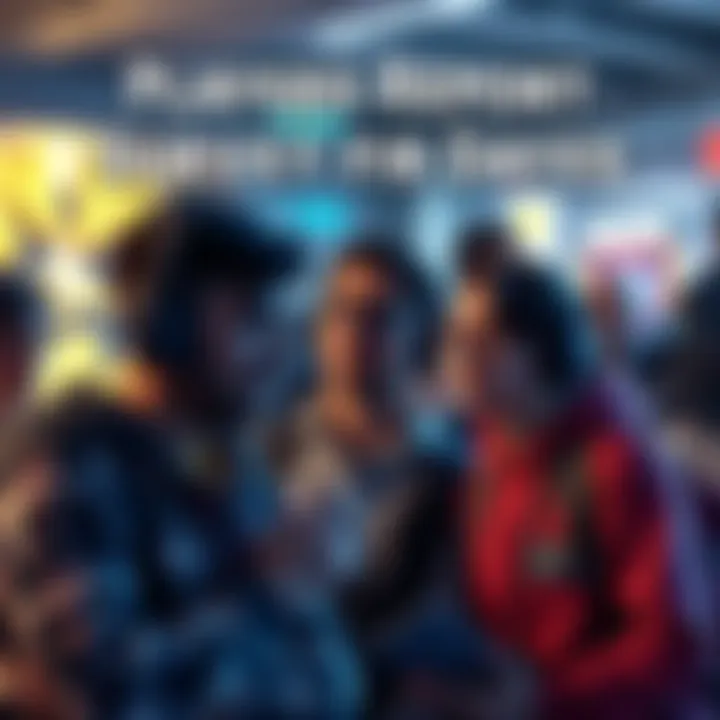 A group of players talking about problems with game surveys, showing expressions of confusion and frustration.