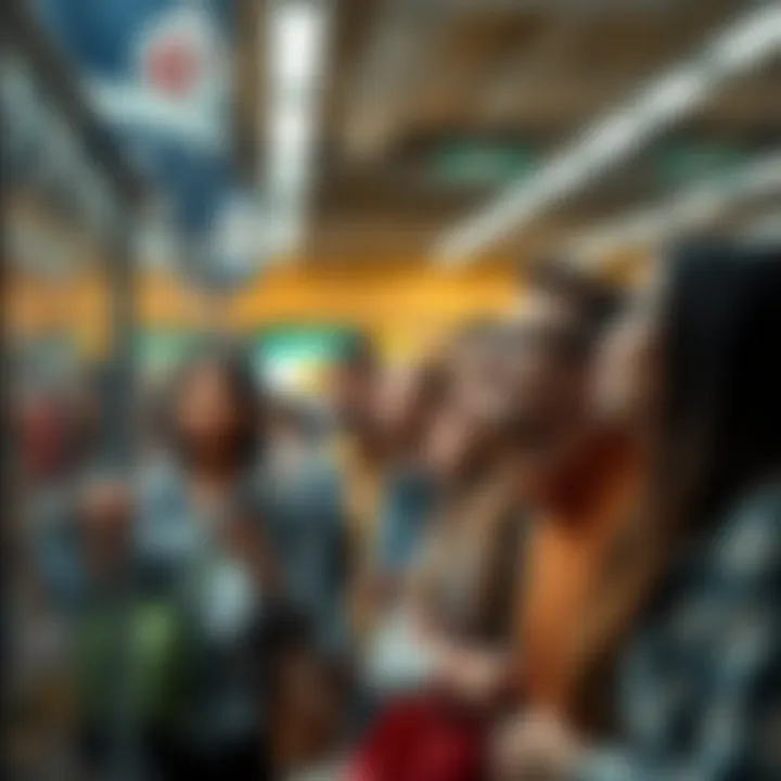 A group of frustrated people looking at high prices on grocery shelves, expressing concern over rising costs