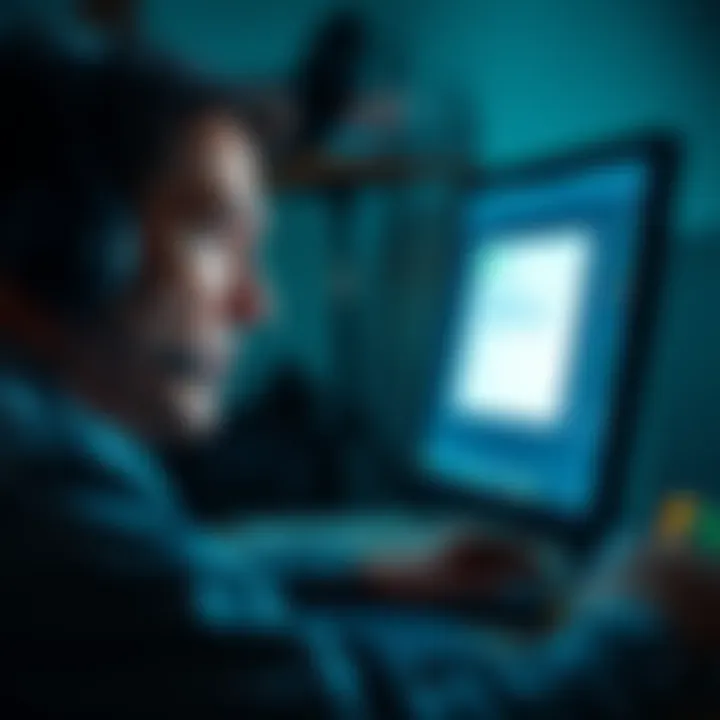 A person looking stressed while staring at a computer screen, showing an open support ticket on the display, symbolizing the frustration with Kraken Support.