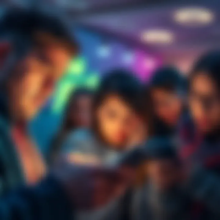 Group of people looking at their phones with frustrated expressions, discussing issues with the AE app