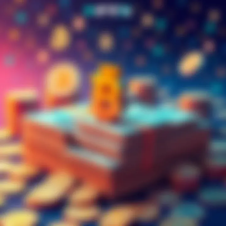 An illustration showing stacks of money with a backdrop of cryptocurrency symbols, representing FTX's distribution of repayments to creditors