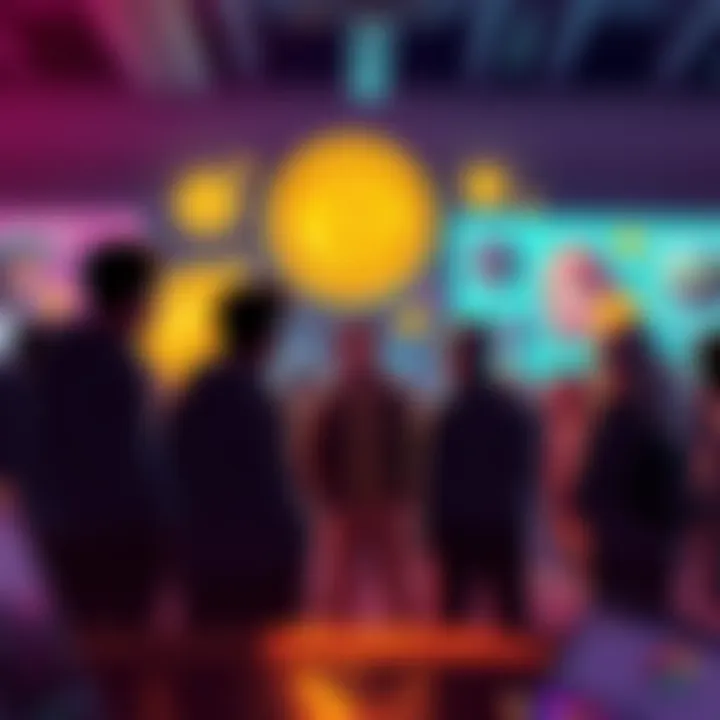 A group of people discussing funding options for crypto and NFT games, with graphics of coins and game characters in the background