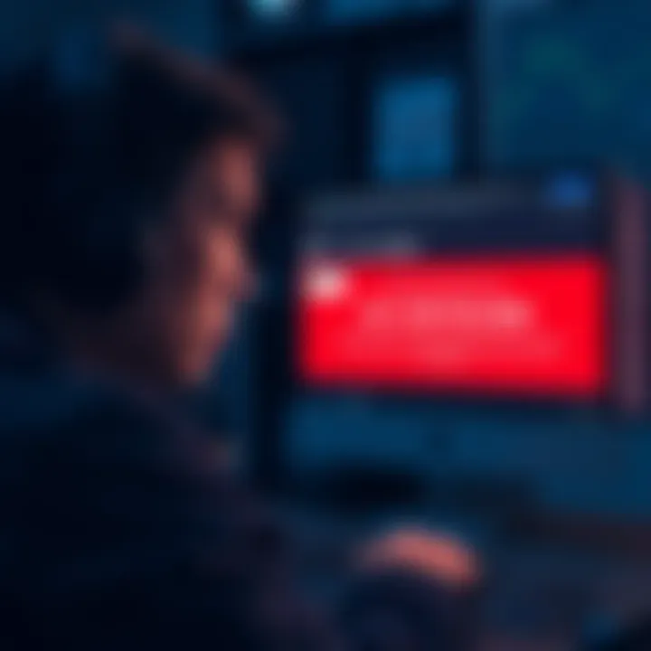 A frustrated person looking at a computer screen with a notification about a blocked withdrawal on a cryptocurrency exchange