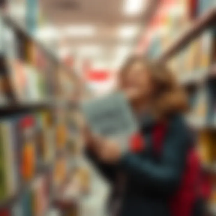 A person laughing while holding a cringe-worthy romance novel in a bookstore aisle