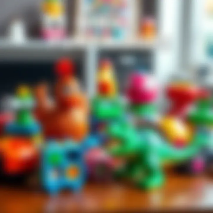 A collection of colorful toys that make funny sounds, including a rubber chicken and a squeaky dinosaur, arranged playfully on a table.