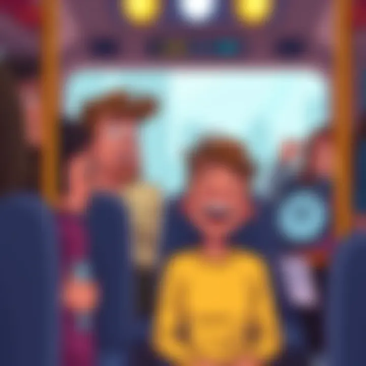 A cartoon illustration of a person laughing while encountering common daily annoyances like a crowded bus and a annoying alarm clock.