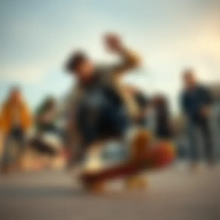 A person tripping and falling while trying to balance on a skateboard, surrounded by laughing friends, capturing a lighthearted fail.