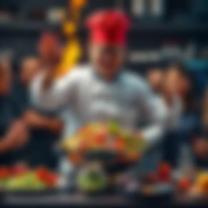 A chef joyfully mixing unusual ingredients in a bowl, showcasing a quirky fusion recipe, surrounded by laughter and confusion among onlookers.