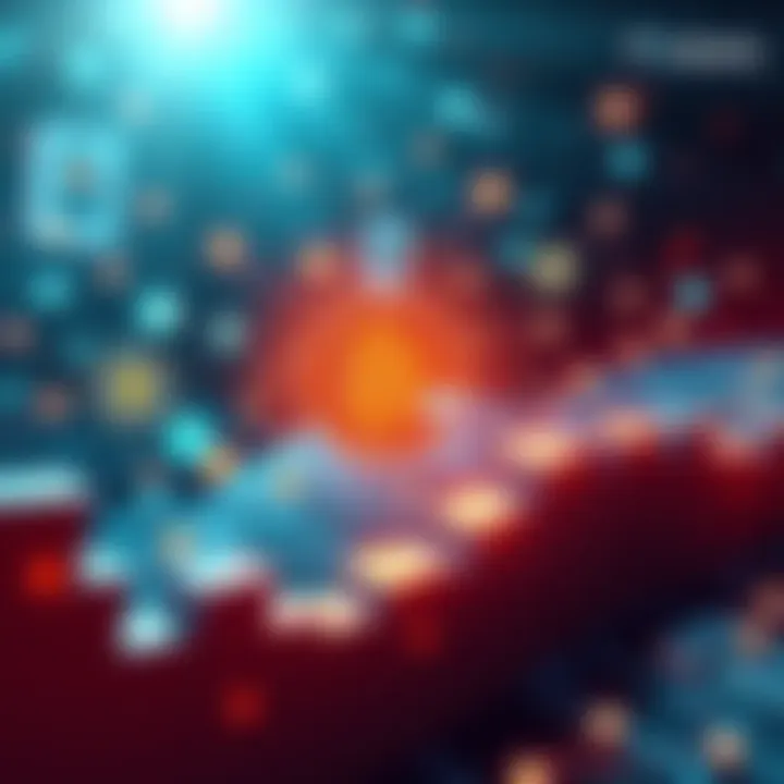 Illustration showing digital finance with interconnected blockchain symbols and barriers being broken