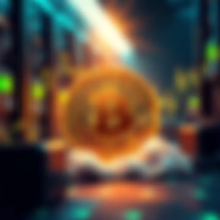 A digital illustration showing a Bitcoin logo surrounded by mining equipment and charts depicting fluctuating prices over the years.