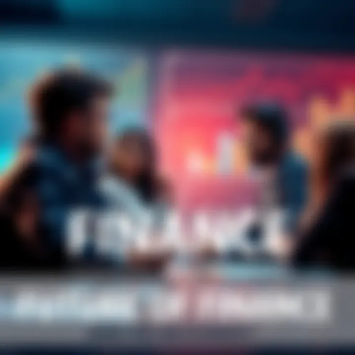 A group of diverse people discussing financial trends with charts and graphs in the background