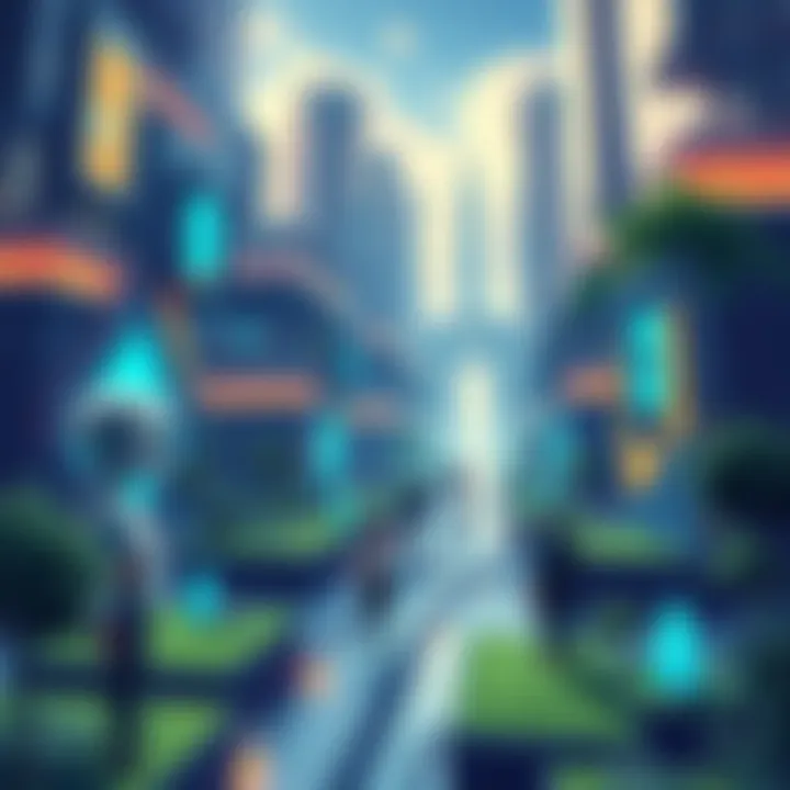 Illustration of a futuristic city with advanced technology, people interacting with robots, and green spaces.