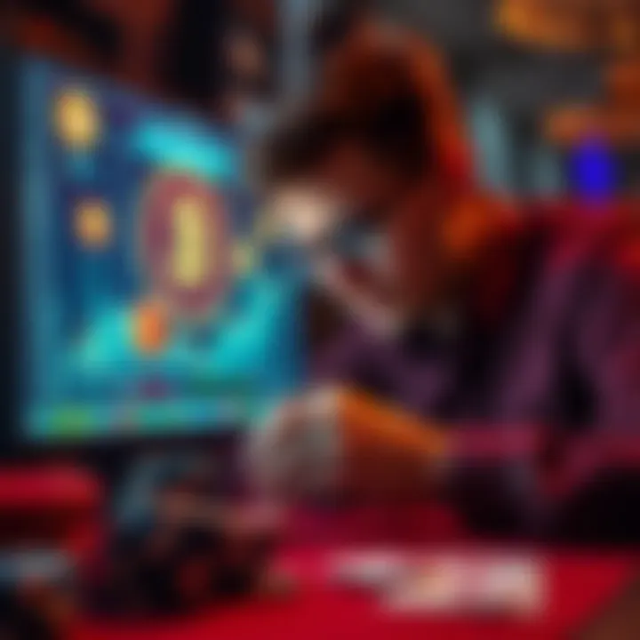 A person examining cryptocurrency symbols on a computer screen, with gambling chips and cards in the foreground, symbolizing the intersection of gambling and crypto investments.