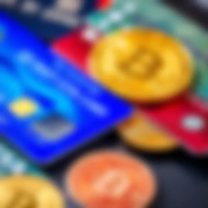 A close-up image of credit cards and crypto coins representing online gambling transactions